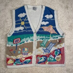 Koret Francisca Vintage Costal Beach Scene Knit Sweater Vest Blue White Large